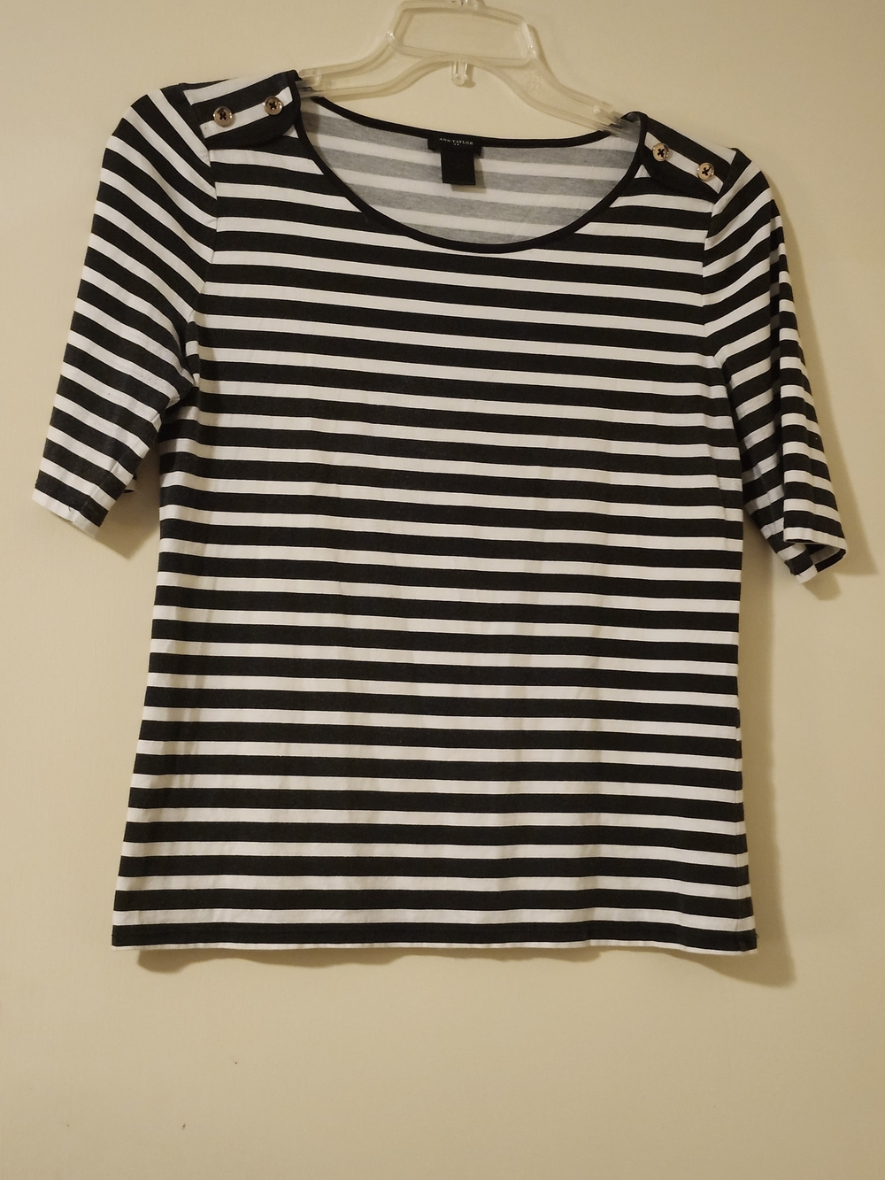 Ann Taylor Striped Navy & White Navy-Style Short Sleeve Top